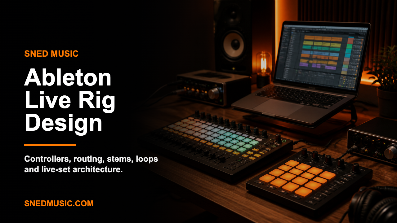 Ableton Live rig design placeholder image with controllers routing stems loops and live set architecture text